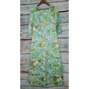 Vintage Pacific Isle Women's Maxi Dress Blue Floral Hawaiian Flared Sleeve